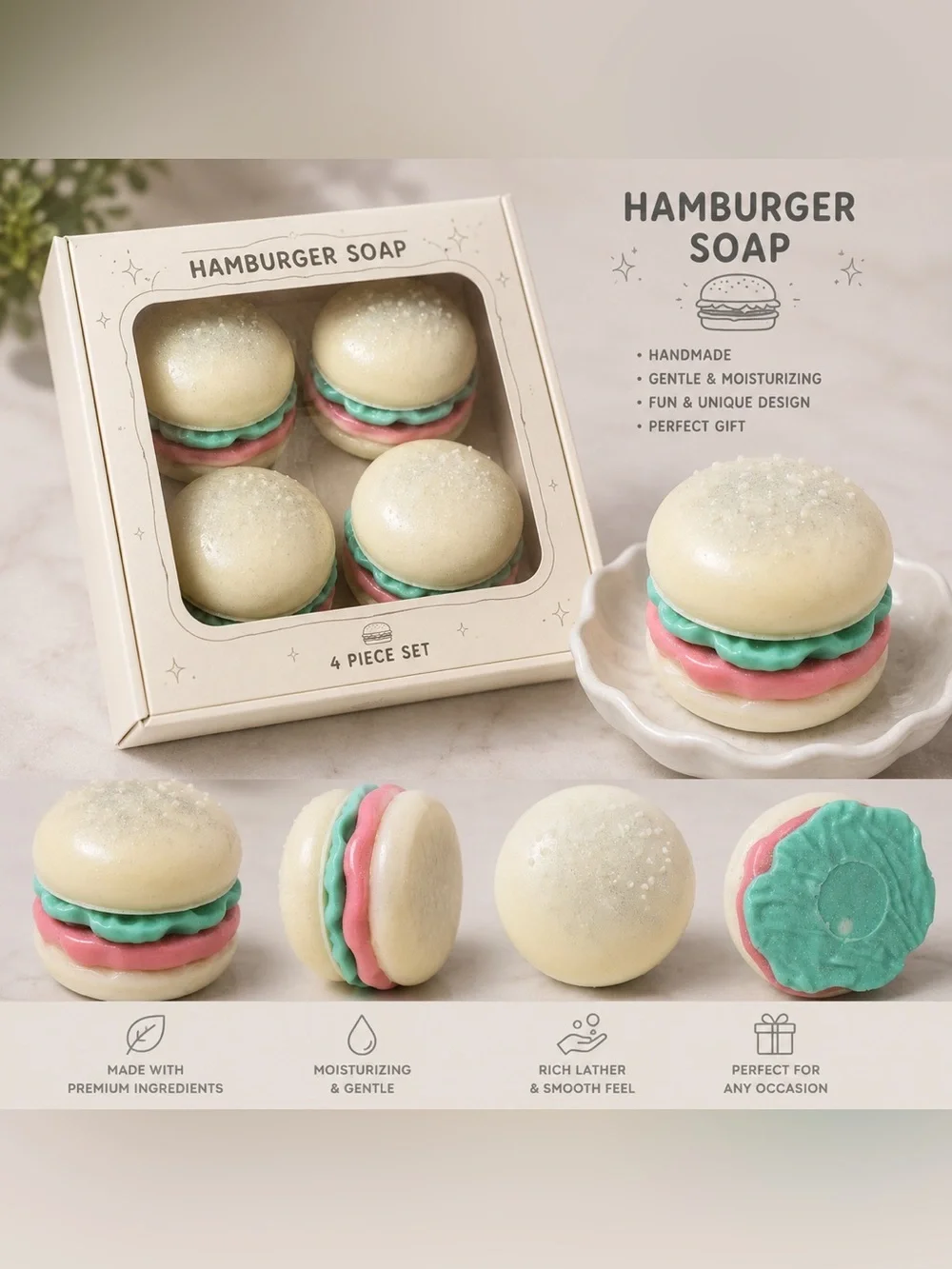 Vanilla sugar SOAP HAMBURGER SET - 3x3” 10oz shea butter donkey milk based